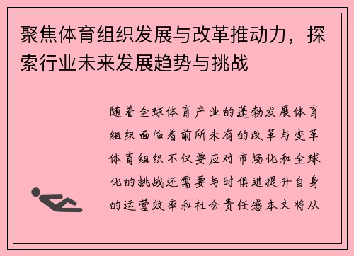 聚焦体育组织发展与改革推动力,探索行业未来发展趋势与挑战